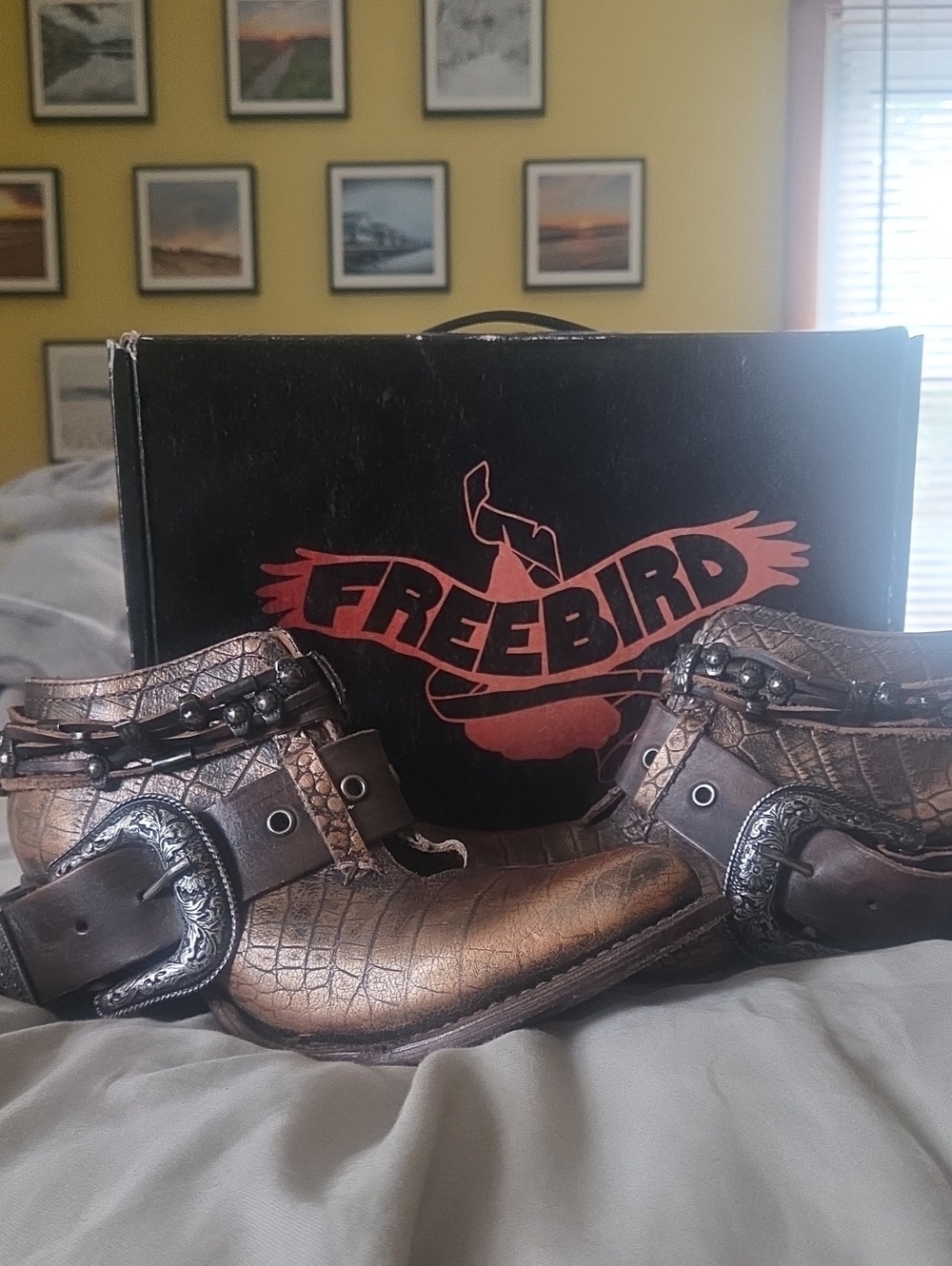 Freebird Saloon Bronze Croc-Embossed Buckle Ankle Boots